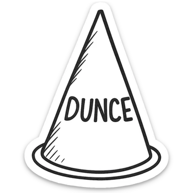 Add the word 'DUNCE' in bold, handwritten letters on the dunce hat, keeping the hand drawn black outline style with no background (transparent). sticker