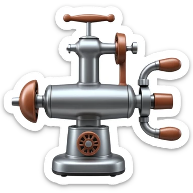 sausage-processing droid. retro-futuristic style. top is a circular industrial meat grinder with rotating gears and blades. Two robotic arms feed material into grinder. Sausage links extrude from the rear like  factory. The body is metallic, compact, and floats above the ground.no legs. Dark humor sticker