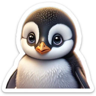 Cinematic Cute Baby Penguin Portrait Emoji, Head tilted playfully and inquisitively, with irresistibly fluffy plumage accented by a tiny beak and round, sparkling eyes filled with wonder, Simplified yet irresistibly adorable features, highly detailed, glowing with a warm, friendly polar glow, high shine, affectionate and lively, stylized with a touch of whimsical charm, bright and endearing, soft glowing outline, capturing the essence of a mischievous yet loving penguin that feels like it could slide out of the screen into your arms! sticker