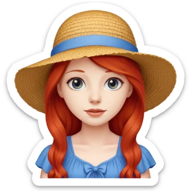 girl_wearing_summer_hat, red long hair, blue dress sticker