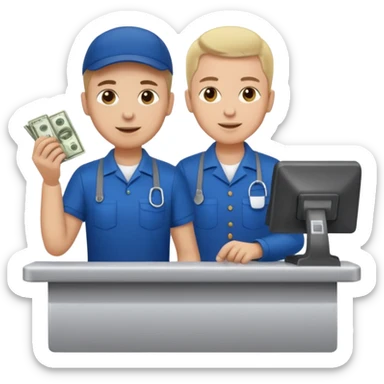 Supermarket employee at a cash register, full body, serving a man sticker