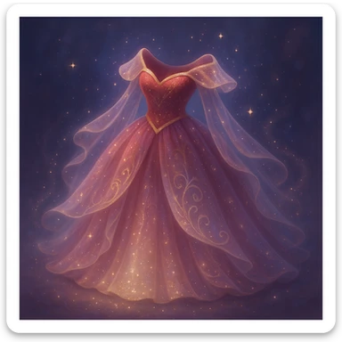 Transform this red ballgown into an even more fancy, ethereal, and mystical dress, combining fantasy and Disney princess elements. Add magical sparkles, flowing layers, and a dreamy, otherworldly aura. Style should reflect a fantasy Disney princess look with ethereal and mystical qualities. sticker