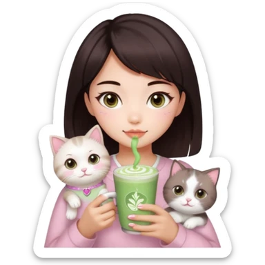 asian girl with short dark brown hair and dark brown eyes with a soft girl pink glowup aesthetic. matcha latte sparkles girly things, 2 ragdoll cat sticker