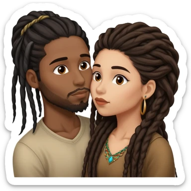 Latina Woman with long hair kissing a young black guy with dreads no beard sticker