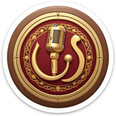 Create a warm and authentic humanless emoji representing folk singing. The design should feature a traditional folk microphone at the center, surrounded by classic instruments such as a bayan (button accordion), gusli (a traditional Russian zither), and a tambourine. Arrange these instruments in a harmonious, circular pattern to evoke a sense of folk music and community performance. Use natural, earthy colors like wood brown, deep red, and golden accents to reflect the rustic and heartfelt spirit of folk music. Add subtle musical notes to the background to convey the rhythm and harmony of the performance. The background should be transparent. sticker