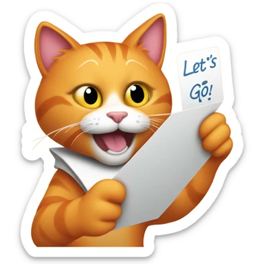 Orange cat holding card with text „Lets go play brawl” sticker