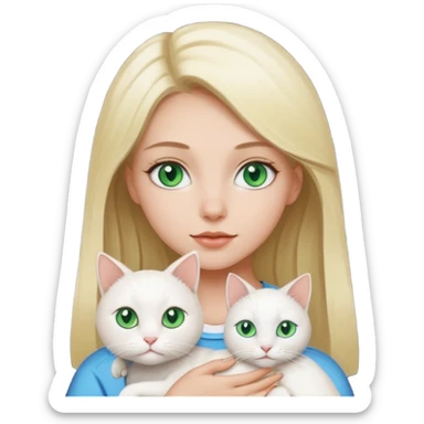 Blonde girl with green eyes holding a white cat with blue and green eyes sticker