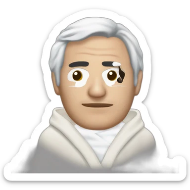 Dominique Strauss-Kahn wearing a bathrobe with a face mask sticker