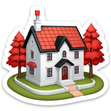 Dom z czarnym dachem i biała elewacja ze wstawkami z czerwonej cegły.Na drugim planie las. sticker