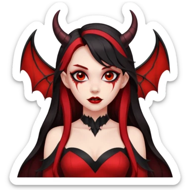 demon girl, skin red , black long hair, small horns, bat wing, black open-back dress, bold black outlines, red+black palette sticker