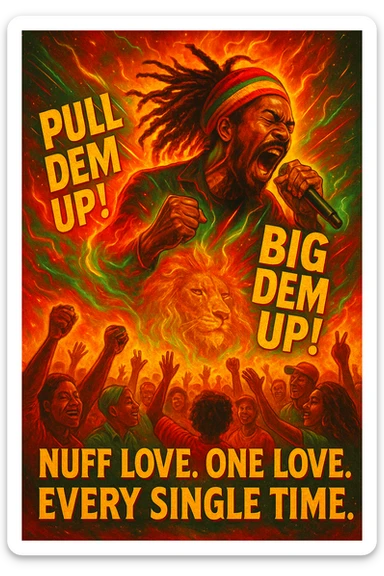A vibrant reggae-inspired poster scene featuring Anthony B in full performance energy — dreadlocks flying, mic in hand, mid shout, pulling up the riddim. The background is a glowing fusion of red, gold, and green flames with lion imagery and subtle cosmic light trails. Around him, the words “Pull Dem Up! Big Dem Up!” explode like soundwaves. Below, a crowd of diverse viewers is shown. In bold text across the bottom: “Nuff Love. One Love. Every Single Time.” sticker