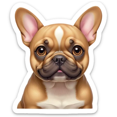 Cinematic Cute Fawn French Bulldog Portrait Emoji, Head tilted playfully and inquisitively, featuring a glossy fawn coat with a smooth texture, round, sparkling dark eyes filled with curiosity, Simplified yet irresistibly adorable features, highly detailed, glowing with a warm, friendly glow, high shine, affectionate and lively, stylized with a touch of whimsy, bright and endearing, soft glowing outline, capturing the essence of a mischievous yet loving companion, so playful it feels like it could prance out of the screen and into your arms! sticker