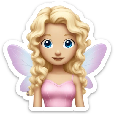 Fairy, a blonde hair with blue eyes and a pink dress with sparkly wings. White wings. The fairy has long, curly hair with a lot of volume sticker