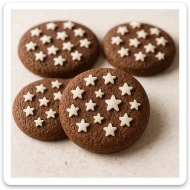 realistic Italian Pan di Stelle cookies, cocoa cookies with white sugar stars, light background sticker