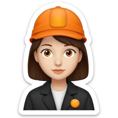 Kindly Keyin with dark brown hair, orange cap and shirt, black jacket sticker