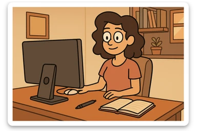 a setup with a computer, a mouse, a pen, and a notebook, cozy home office, warm lighting, inviting atmosphere sticker