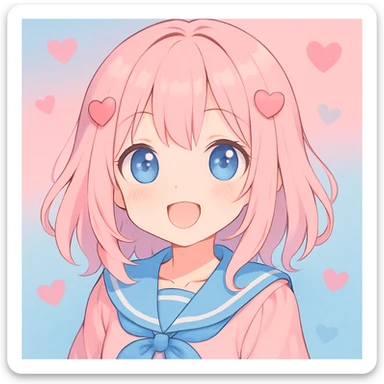 Add a pastel pink and blue background to the adorable anime-style girl, keeping the style consistent with the original anime kawaii style. sticker
