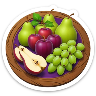 medieval fruit platter object icon, sliced apples and pears, grape clusters, rustic plate, fresh juicy look, 3D cartoon, mobile game icon style, clean background, no text, no watermark
 sticker