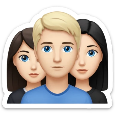 Blond woman blue eyes on left. Man with black hair and greye eye in the middle. Brown hair woman with greye eyes on the right sticker