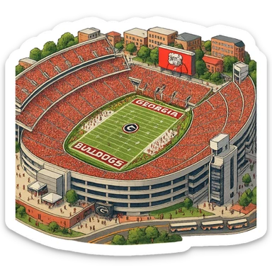 Изометричная, яркая, детализированная и фотореалистичная иллюстрация стадиона Sanford Stadium в стиле 3D-коллажей городов, насыщенные цвета, аккуратные и чёткие линии, мультяшно-реалистичная стилистика. Чёткие контуры, не размазанные линии, прозрачный фон, высокое качество. sticker