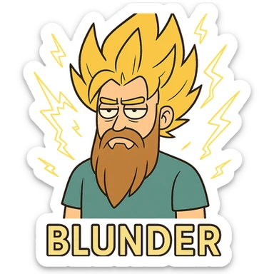 anime style character, super Saiyan hair, long beard, unimpressed, lightning accents, the word 'blunder' at the bottom sticker