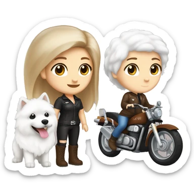 Biker girl white skin brown shorty hair and girl white skin brown long hair and a Samoyed sticker