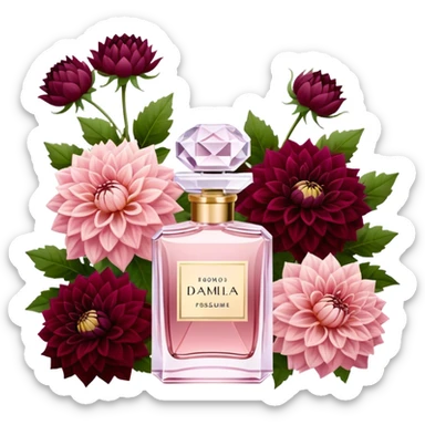 Aesthetic crystal perfume bottle in Pastel Rose with a subtle shimmer, placed next to a lavish bouquet of Crimson and Wine Red Dahlias, creating a harmonious and passionate composition. sticker