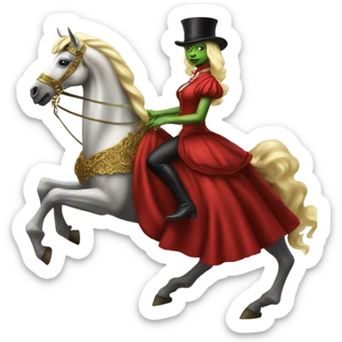 "galora green blonde alien woman" in red Victorian elegant dress, full body, rides "horse gold and white"
 sticker