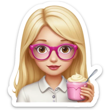 a girl with long lashes, long blonde hair, pink glasses, holding a pudding sticker