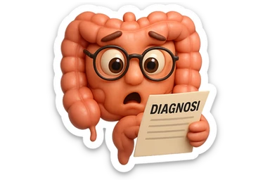 EMOJI STILE IPHONE DI UN INTESTINO CON GLI OCCHIALI CHE LEGGE UN FOGLIO CON LA SCRITTA DIAGNOSI, ESPRESSIONE STUPITA IN VOLTO, IPERREALISTICO 4K sticker