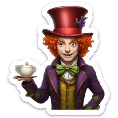 Mad hatter with red hair and a tea steer sticker