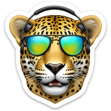 fashionable jaguar dj, emoji head, looking forward, wearing reflective sunglasses, wearing over-ear headphones on top of head sticker