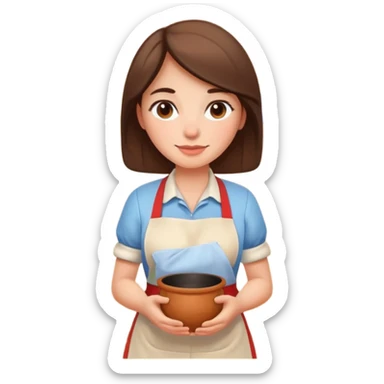 cartoon Apple iOS emoji style woman, pastel colors, Chilean wooden kitchen background, clay pots, warm light, detailed and clean vector art sticker