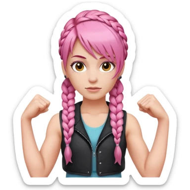 Woman with braided pink hair with an asymmetrical bang, wearing a sleeveless vest and flexing sticker