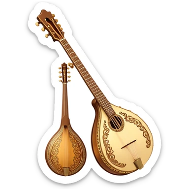 Bouzouki – Cinematic Realistic Bouzouki, depicted as a beautifully crafted Greek string instrument with a long neck and ornate fretwork, its polished wooden body reflecting warm golden light, set on a rustic background with soft shadows that evoke traditional Mediterranean music. sticker