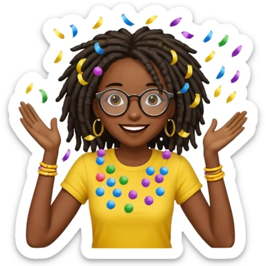 darker skin female with dark dreadlock hair wearing large round glasses and a yellow top celebrating with confetti sticker