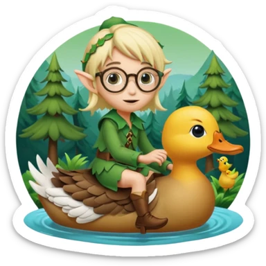 tiny forest elf blode hair with round glasses riding a wild duck sticker