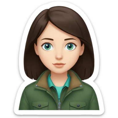 brunette with blue eyes skiing in a forest green jacket sticker