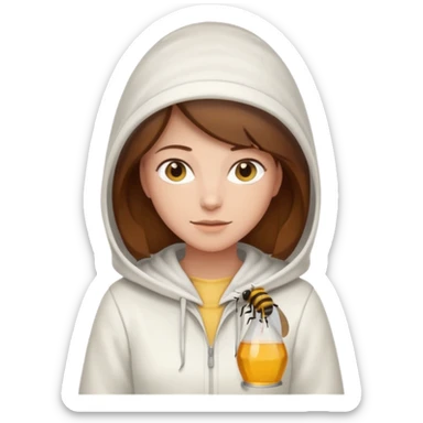 female bee keepers with brown hair, white outfit, white hood sticker