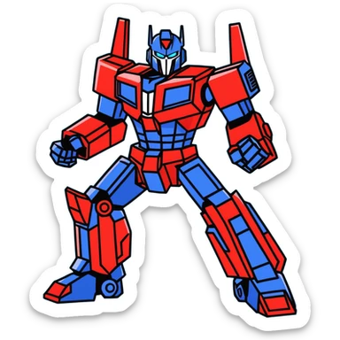 Optimus Prime in a battle pose, cartoon sticker style, bright blue and red, dynamic action sticker
