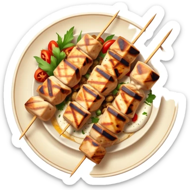 cinematic-realistic-souvlaki-dish-emoji,-showcasing-skewered,-2 grilled-chicken-with-mediterranean-spices-rendered-with-dynamic-textures-and-warm,-appetizing-lighting on pita bread on a plate sticker