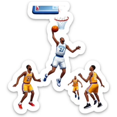 An icon showing a basketball court with players in action, inspired by NBA 2K25. A player jumps for a dunk, the ball mid-air, surrounded by a vibrant basketball arena with cheering fans and bright lights. Transparent background emphasizes the intense atmosphere sticker