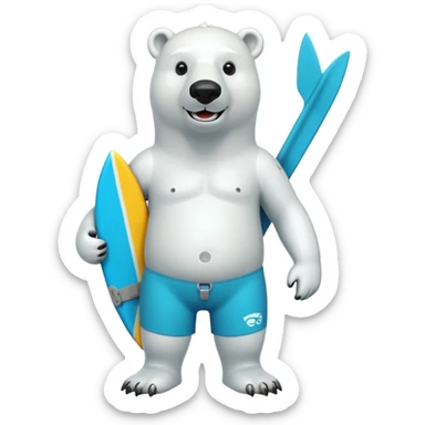 friendly anthropomorphised polar bear standing upright, smiling, wearing colorful surf board shorts and full scuba mask with snorkel sticker