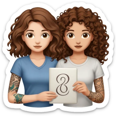 formula drawing — long wavy brown hair tattooed woman and short tight curly brown hair woman — rune sketch ground sticker