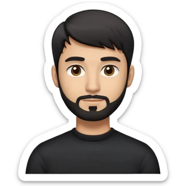 Emoji man's head of South Asian male with light skin, 5 o-clock shadow thin beard, short sides hairstyle with longer layers in top, bangs, right side hair part, and black hair. Medium fair-skinned Pakistani. Brown eyes. In a black crewneck sweater. sticker