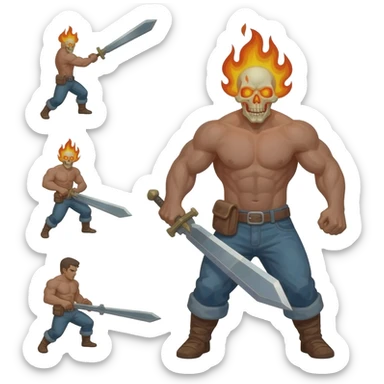 A 4 stage sprite sheet of a man with a burning skull head, show the 4 stages of him attacking with his large sword, shirtless, full body, facing right sticker