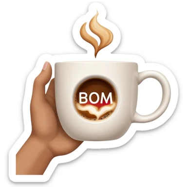 Uma mão segurando uma xicara de café com a frase "Bom Dia" escrita na xicara sticker