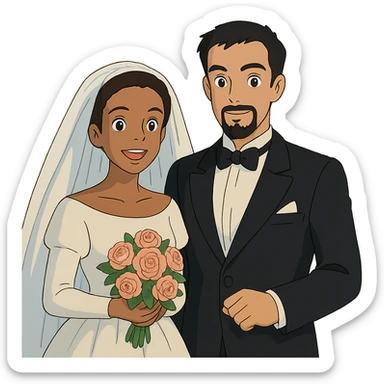 ghibli style light-skinned African American bride and light-skinned groom with black goatee in a tuxedo sticker