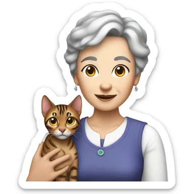 Older woman with short brown hair holds blue eyed bengal sticker