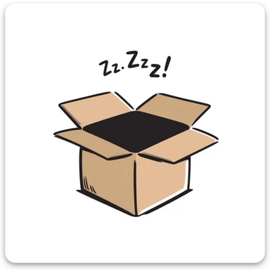 emoji of sleeping box, box is brown colored, open and empty, with a tiny Zzz bubble sticker